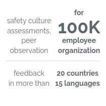 Safety culture assessments, peer observation for 100K employee organization, feedback in more than 20 countries and 15 languages