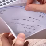Person's hand removing paycheck from the envelope